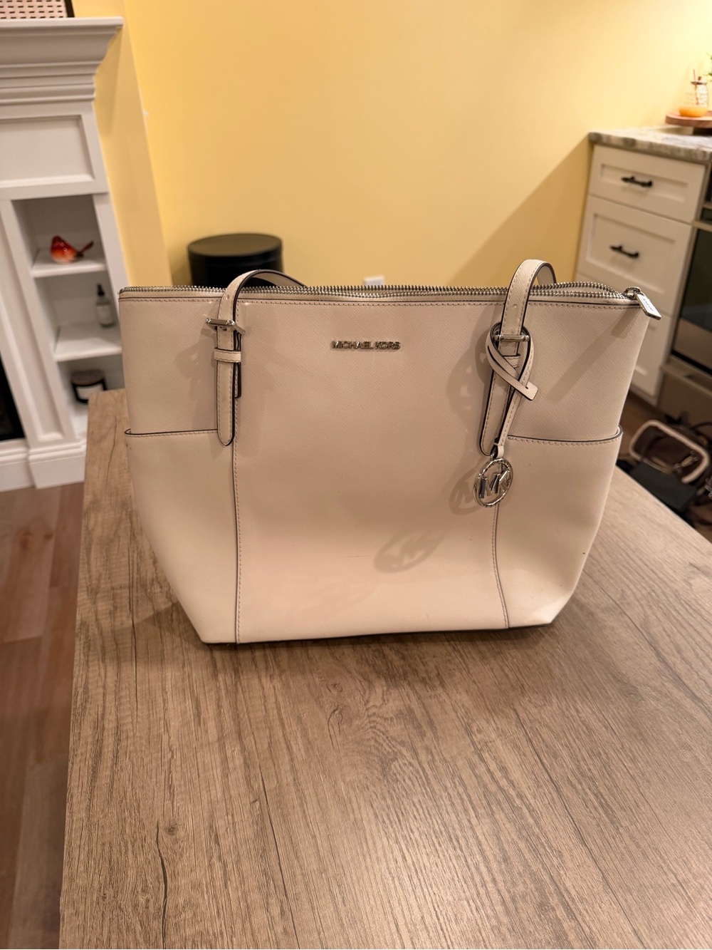 Michael Kors White/Cream Leather Tote with Signature Charm